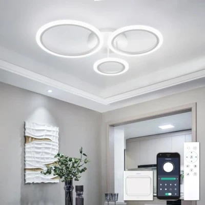 Afbeelding van YOLEDY Led plafondlamp met afstandsbediening en app, plafondverlichting 3 ringen, dimbaar, geheugenfunctie, timer, moderne kroonluchter, woonkamer, slaapkamer, kantoor, wit