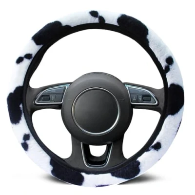 Afbeelding van Koe Patroon Pluizige Stuurhoes Antislip Zachte Harige Pluche Winter Warm Voertuig Auto Stuurwiel Protector Universele Automotive Fit 37 39cm