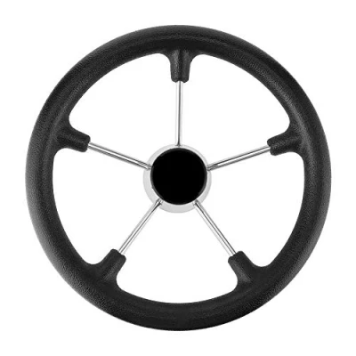 Afbeelding van stuurwiel voor boot 13 1/2 inch RVS met 5 spaken en zwarte schuimgreep