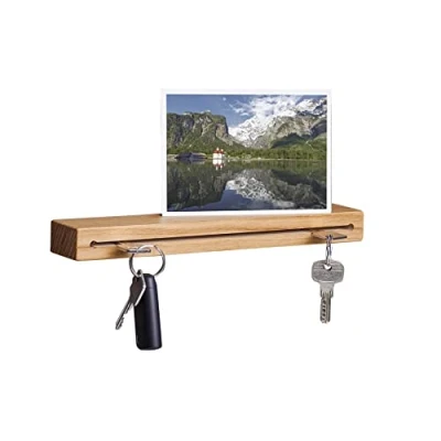 Afbeelding van WOODS Sleutelrek van hout met plank, groef, moderne wanddecoratie, hout, handgemaakt in Beieren, sleutellijst landhuisdesign, sleutelbord (eiken, 20 cm)