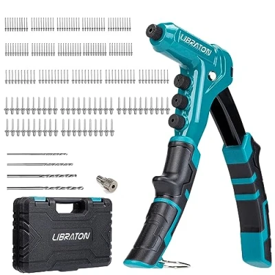 Afbeelding van Libraton Klinknagelpistool met één hand, popklinkpistoolset, professionele handklinkmachine, handmatig klinkgereedschap 200 klinknagels voor metaal, inclusief 4 boren, gereedschapsvrije