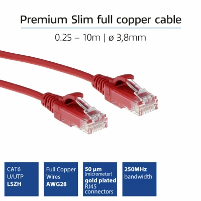 Afbeelding van Netwerkkabel Cat6 U/UTP 0.25 meter (100% koper, LSZH, Slimline, Rood)