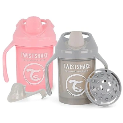 Afbeelding van Twistshake 2x Non Spill Mini Baby Drinkbeker Met Zachte Tuit &amp; Fruit Mixer 230ml Lekvrije Waterfles BPA Vrij Oefenbeker Voor Kinderen Grijs Roos