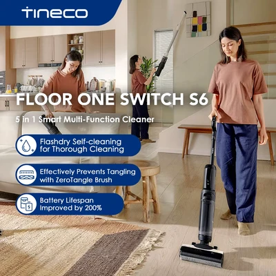 Afbeelding van Tineco Floor One Switch S6 Nat droogstofzuigers 5 in 1 functie, 5min Flashdry zelfreiniging, ZeroTangle borstelrandreiniging aan beide zijden, lichtgewicht zuigmop voor vloeren, tapijten, plafonds