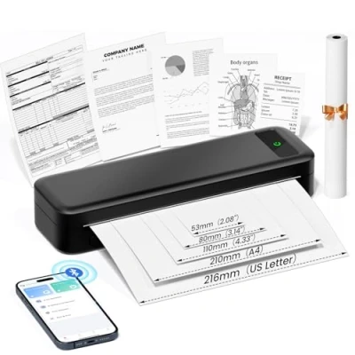 Afbeelding van TATTMUSE Draagbare thermische printer A4 kleine draadloze Bluetooth 300 dpi compatibel met iOS en Android, 2500mAh inktloze voor thuis. kantoor, school auto zwart