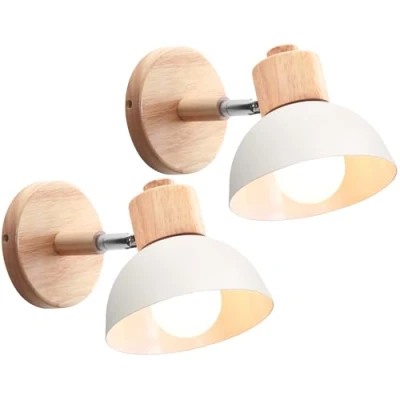 Afbeelding van iDEGU Industriële wandlamp, vintage, 15 cm, verstelbaar, van hout, metaal, retro, E27, binnenlamp voor slaapkamer, woonkamer, hal, restaurant (2 stuks, wit)