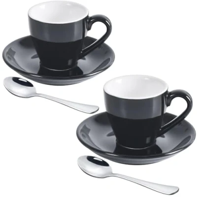 Afbeelding van ionEgg Porseleinen espressokop met schotel en roestvrijstalen mini lepels, espresso shotbeker, 80ml/2,7 oz, pak van 2, zwart