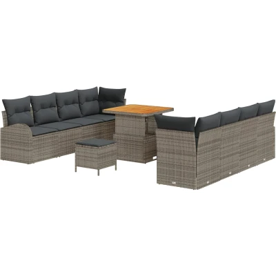 Afbeelding van vidaXL 11 delige Tuin Sofa Set met Kussens Grijs Poly Rattan Acacia, 2 Zits Opslag &amp; Rattan, 3 Eetset Acacia