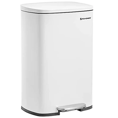 Afbeelding van SONGMICS Vuilnisemmer, afvalbak, 50 liter, stalen pedaalemmer, kunststof binnenemmer, met scharnierend deksel, softclose, luchtdicht, voor de keuken, wit LTB101W01