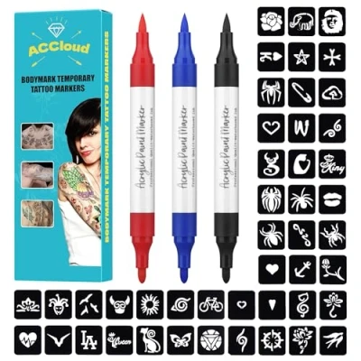 Afbeelding van ACCloud Tijdelijke tatoeage markers voor huid, 3 Lichaam Marker+ 63 Sjablonen Kit kinderen en volwassenen, Twee kleuren zachte kop, Flexibele penseeltip Halloween Tattoos