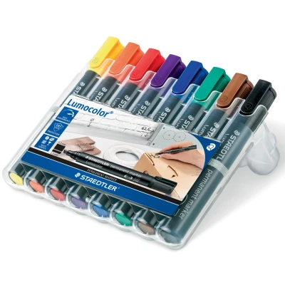 Afbeelding van Staedtler Lumocolor 350, Permanent Marker, Schuine Punt, 2 5 Mm, Etui Van 8 Stuks In Geassorteerde Kleu Marker