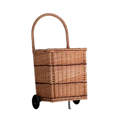 Afbeelding van e wicker24 boodschappentrolley, houten mand, marktwagen, rieten rek, rolwagen, transportmand met wielen (rechthoekig deksel)