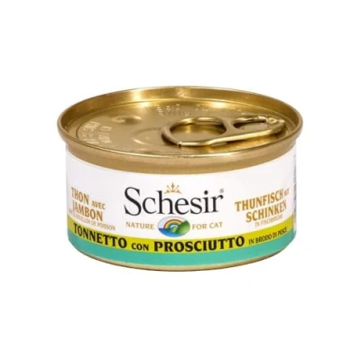 Afbeelding van Schesir Cat in bouillon tonijn met ham, kattenvoer nat eigen kookbouillon, 24 blikjes x 70 g, 1 stuk (verpakking van stuks)