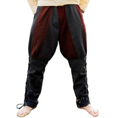 Afbeelding van Leonardo Carbone® Vikingbroek met vetersluiting voor heren, middeleeuwse kleding, Vikingbroek, kostuum, festivaloutfit, LARP, cosplay, vrijetijdsbroek, 100% katoen, zwart/rood, M