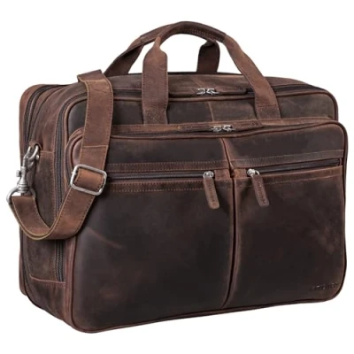 Afbeelding van STILORD &#039;Gigantus&#039; XXL Aktetas Laptoptas 17.3 inch tot 19 kantoor schouder of schoudertas voor laptop met drievoudige verdeler echt leer vintage, Kleur:zamora bruin