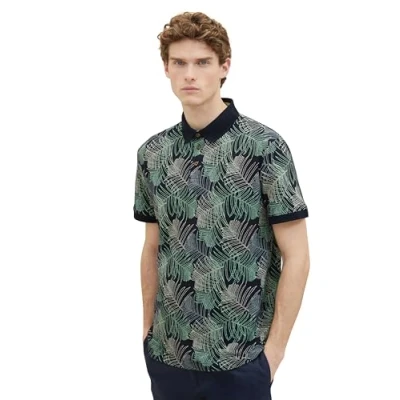 Afbeelding van TOM Tailor MIT Allover Print Poloshirt, Heren, Maat: Large, Navy multicolor leaf design