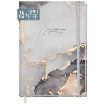 Afbeelding van paper&amp;you® notitieboek A5+ geblokt met elastiek [Grijs Marmer] 156 pagina&#039;s, 78 vellen als bullet journal, dagboek, duurzaam &amp; klimaatneutraal