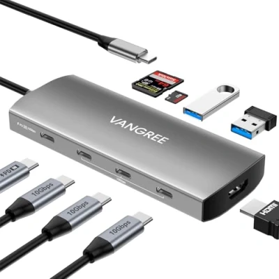 Afbeelding van VANGREE USB C hub 10 Gbps, 3 3.2 poorten, 4K@60Hz HDMI, 100W PD, 2 3.0 &amp; SD/TF kaartlezer, splitter multipoortadapter voor MacBook Pro, iMac, iPad iPhone 15, Galaxy S23 en meer