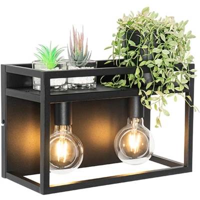 Afbeelding van QAZQA Industriële wandlamp zwart met rek 2 lichts Cage Rack