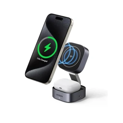 Afbeelding van UGREEN 2 in 1 opvouwbaar oplaadstation Qi2 gecertificeerd 15W oplaadstandaard compatibel met MagSafe oplader voor iPhone 15/14/13/12, AirPods, ondersteunt stand by functie, 1M kabel