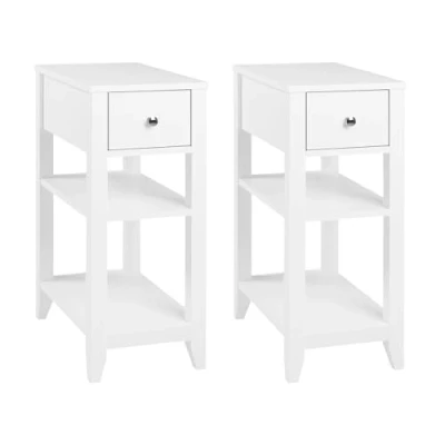 Afbeelding van WOLTU Set van 2 smalle nachtkastjes, nachtkastje met lade, open planken, bijzettafel, moderne salontafel, 45x66x28 cm, ruimtebesparend, houten nachtkastje, wit, NTS02ws