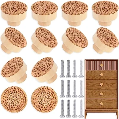 Afbeelding van 12 stuks rotan meubelknoppen, kastknoppen, boho, decoratie, kasten, hout, ladekasten, vintage ladekast, houten handgrepen voor keukenkasten, deurknoppen, kastgrepen, 4 cm