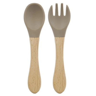 Afbeelding van Dutsi Luxe Baby Training Bestekset met Hout &amp; Siliconen Taupe