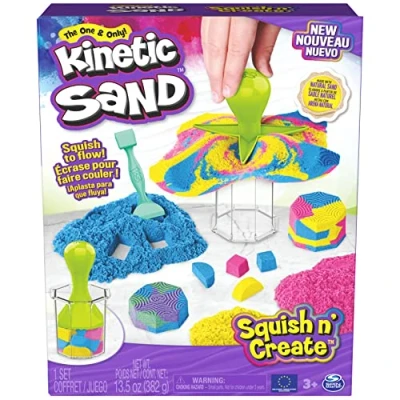 Afbeelding van Kinetic Sand Squish N’ Create met 382 g blauw geel en roze speelzand 5 gereedschappen Sensoriche speelgoed