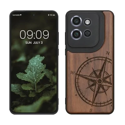 Afbeelding van kwmobile telefoonhoesje geschikt voorMotorola Edge 50 Neo / ThinkPhone 25 Hoesje met bumper hout In donkerbruin Vintage Kompas design