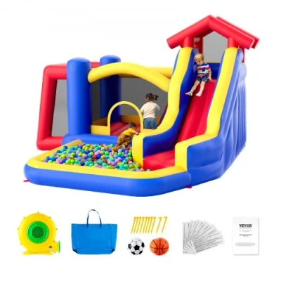 Afbeelding van VEVOR opblaasbaar springkasteel, hoogwaardige buitenspeelhuis trampoline, springkasteel met ventilator, glijbaan en opbergtas, voor familietuin 333 x 338 230 cm