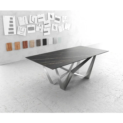 Afbeelding van Eettafel Edge Laminam® keramiek bruin 200x100cm middenvoet vlak staal zilver