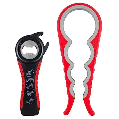 Afbeelding van Fousenuk Flesopener voor senioren, blikopener met sluiting, 5 in 1 dekselopener, schroefglazen en 4 glasopener, schroefdekselopener, draaisluitopener, hulp bij zwakke handen artritis, 2 stuks