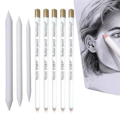 Afbeelding van Kiuiom Professionele tekening houtskoolstift, highlight pen, wit houtskoolpotlood, 5 stuks witte houtskool tekenstiften met 3 papieren wissers, potloden Fine Art Supplies