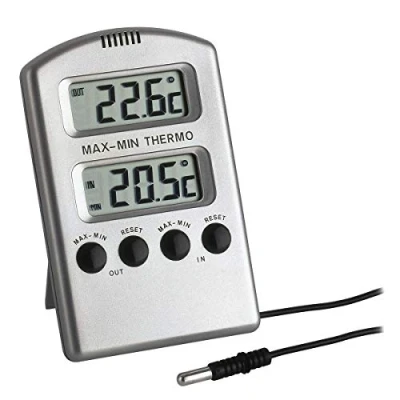 Afbeelding van TFA Dostmann digitale binnen en buitenthermometer, 30.1020, buitentemperatuur via kabel, maximum minimumwaarden, ook geschikt voor bewaking vriezer/aquarium, zilver, (L) 67 x (B) 20 (H) 104 mm