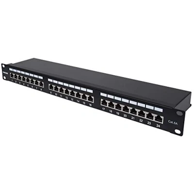 Afbeelding van Intellinet 720861 24 Port Cat6a patchpaneel, afgeschermd FTP, 1 HE, klemlijsten met 90 graden schuine kabelinvoeringen, zwart
