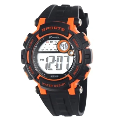 Afbeelding van Ravel Mens ronde 3ATM digitale quartz horloge met licht RDG.141, zwart/oranje