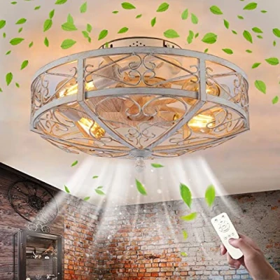 Afbeelding van TRUYOK E27 ventilator plafondlamp Stille plafondventilator met verlichting en afstandsbediening Industriële slaapkamer lamp Vintage ijzeren kooi fan voor Woonkamer Eetkamer Keuken licht