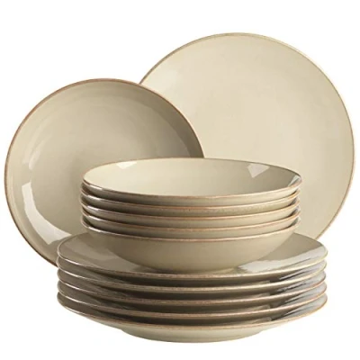 Afbeelding van MÄSER 931734 Ossia, bordenset voor 6 personen in mediterrane vintage look, 12 delig modern tafelservies met soepborden en platte borden zandgrijs, keramiek, zandgrijs