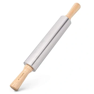 Afbeelding van Navaris deegroller antikleef roestvrij staal Roller voor koekjes, bladerdeeg, pizza, taart, vlaai of fondant Houten handvatten Zilverkleurig