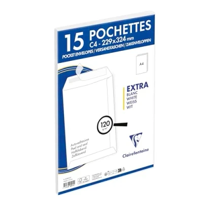 Afbeelding van Clairefontaine 825015C Doos met 15 witte enveloppen C4 formaat 229x324 mm Zelfklevend 90 g/m².