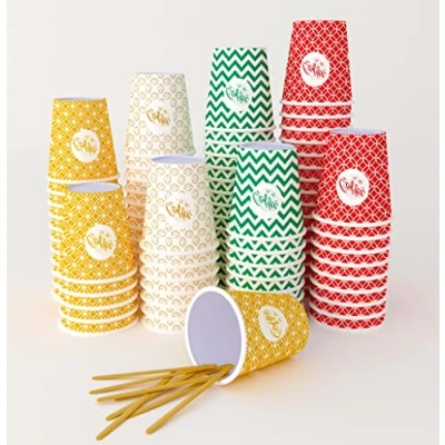 Afbeelding van Papieren bekers met houten roerstaafjes, wegwerpbekers voor koffie, milieuvriendelijk, hittebestendig, ideaal alle warme dranken, thee, chocolade enz