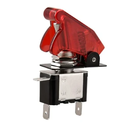 Afbeelding van Heschen Metalen tuimelschakelaar Flick Flip, 12 V 20 A, SPST, ON/OFF 2 posities, 3 polig, met waterdichte dop (transparant rood)