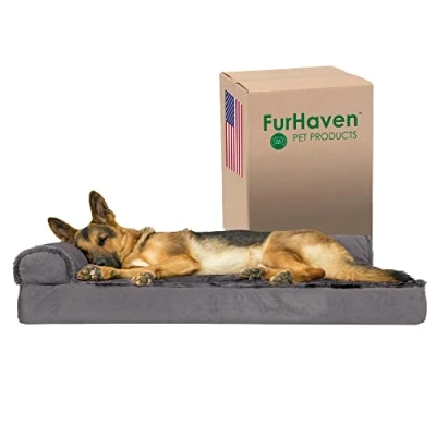Afbeelding van Furhaven XL orthopedisch hondenbed, pluche en fluweel, L vormige chaise met afneembare wasbare hoes platinagrijs, Jumbo (XL)
