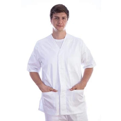 Afbeelding van Gima Kaszak van katoen en polyester, ziekenhuisuniform, witte kleur, V hals, halve mouwen, 5 drukknopen, uniseks, XL maat, voor artsen, dierenartsen, verpleegkundigen gezondheidspersoneel