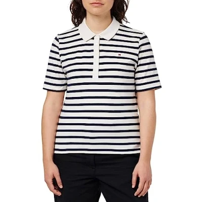 Afbeelding van Tommy Hilfiger Gestreept poloshirt met korte mouwen voor dames, Wit (Bretonse Stp W Wit/Woestijnhemel), S
