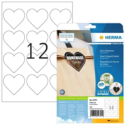 Afbeelding van HERMA 10791 Hart etiketten, 120 stuks, Ø 60 mm, 12 per A4 vel, zelfklevend, bedrukbaar, mat, blanco papier, zelfklevende etiketten stickers in hartvorm, wit