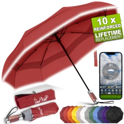 Afbeelding van Royal Walk Winddichte Opvouwbare Paraplu Compact En Sterk Luxueus Houten Handvat Windbestendige Reis Automatisch Open Dicht Geventileerde Dubbele Luifel Regen Voor Mannen Vrouwen Donkerrood