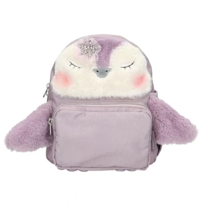 Afbeelding van Depesche 13159 Princess Mimi Penguin Rugzak in lila, met pinguïnmotief en pluche bont, tas verstelbare riemen