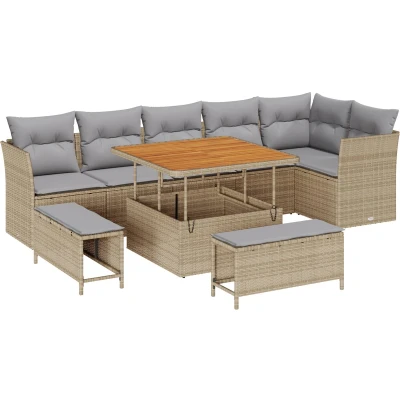 Afbeelding van vidaXL 9 delige Tuin Sofa Set met Kussens Beige Poly Rattan Acacia, 3 Eettafel Acacia