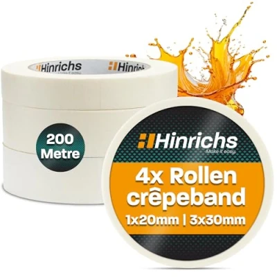 Afbeelding van Hinrichs Afplaktape 4x Afplakband 3 Rollen 50m x 30mm + 1 Rol 20mm voor Schilderen Schilderwerkzaamheden Schilderstape Renovatie &amp; Auto